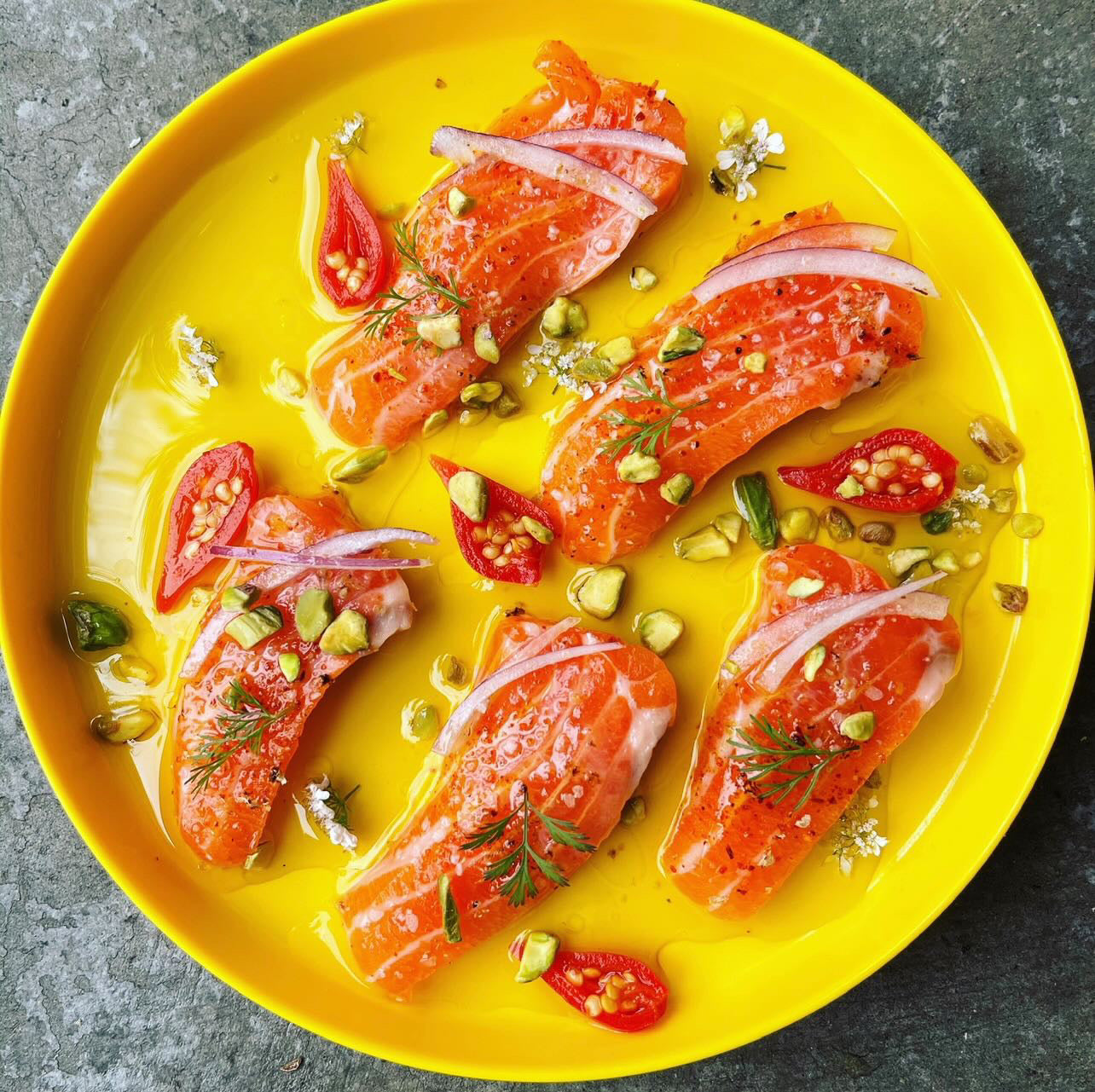 Seatopia Salmon Crudo Recipe with black lime, coriander blossom by Chef