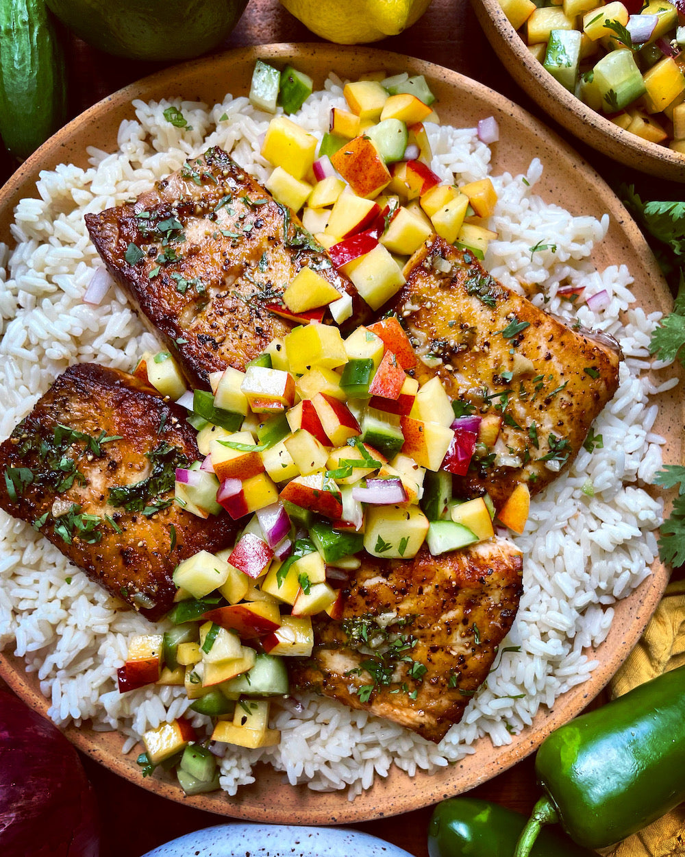Citrus Pan-seared Dutch Yellowtail with Peach Cucumber Salsa: Seafood 101: - SEATOPIA
