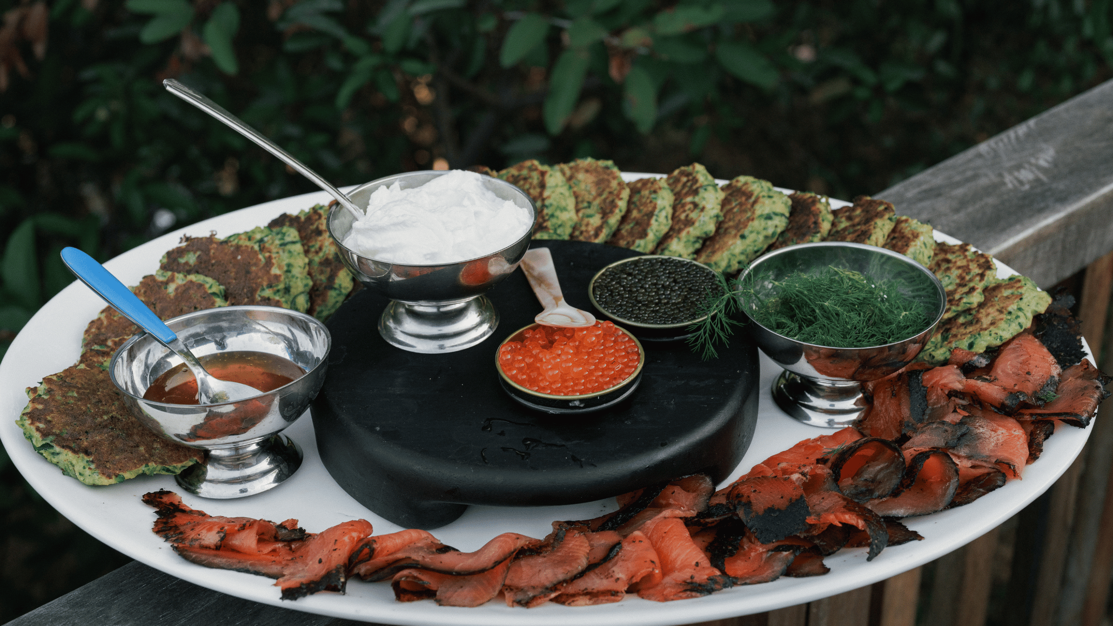 Courgette Fritters with Pastrami Smoked Lox and Hot Honey