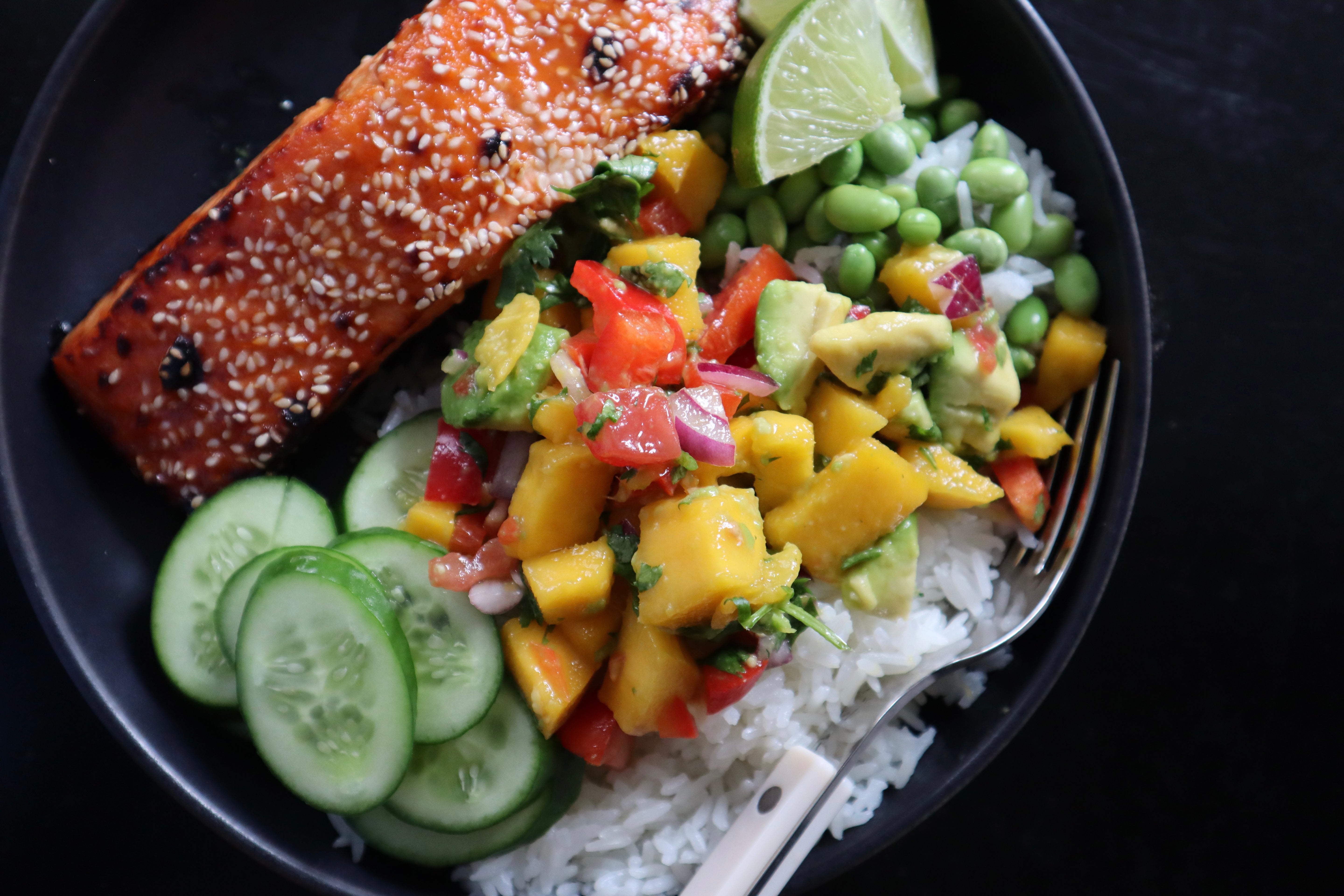 Hot Honey Salmon Bowls with Mango Salsa
