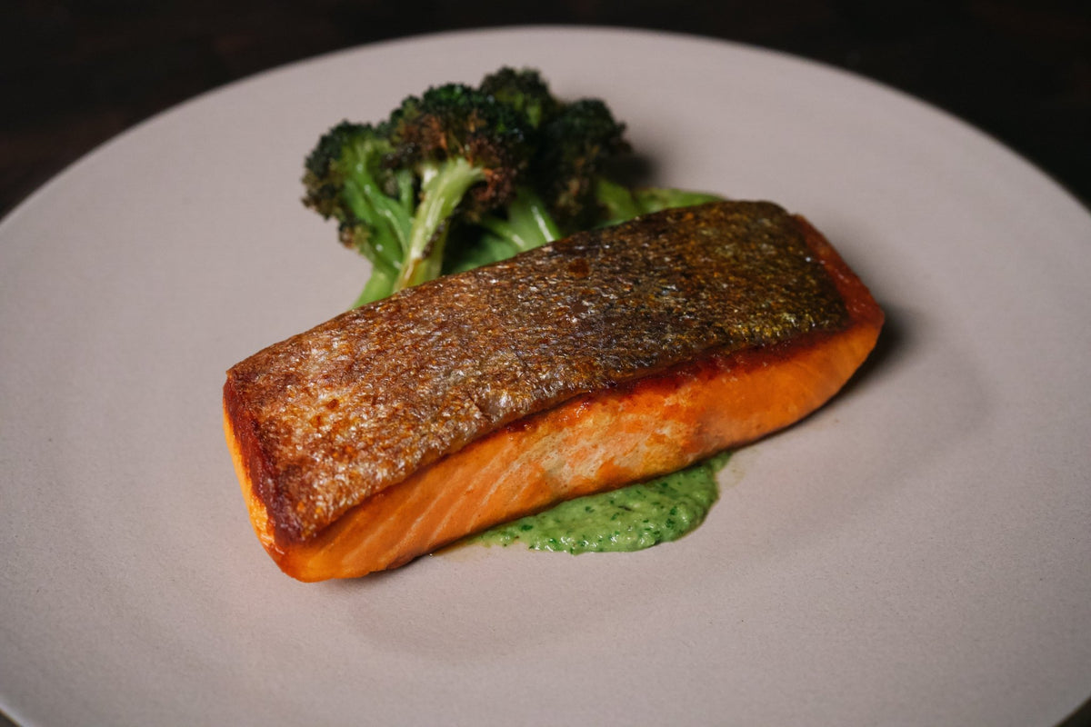 Crispy Skin King Salmon with Snap Pea Pesto and Roasted Broccoli - SEATOPIA