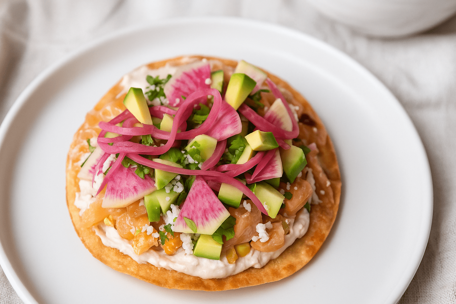 Yellowtail Tostada with Roasted Corn Labneh, Pickled Red Onion, and Watermelon Radishes - SEATOPIA
