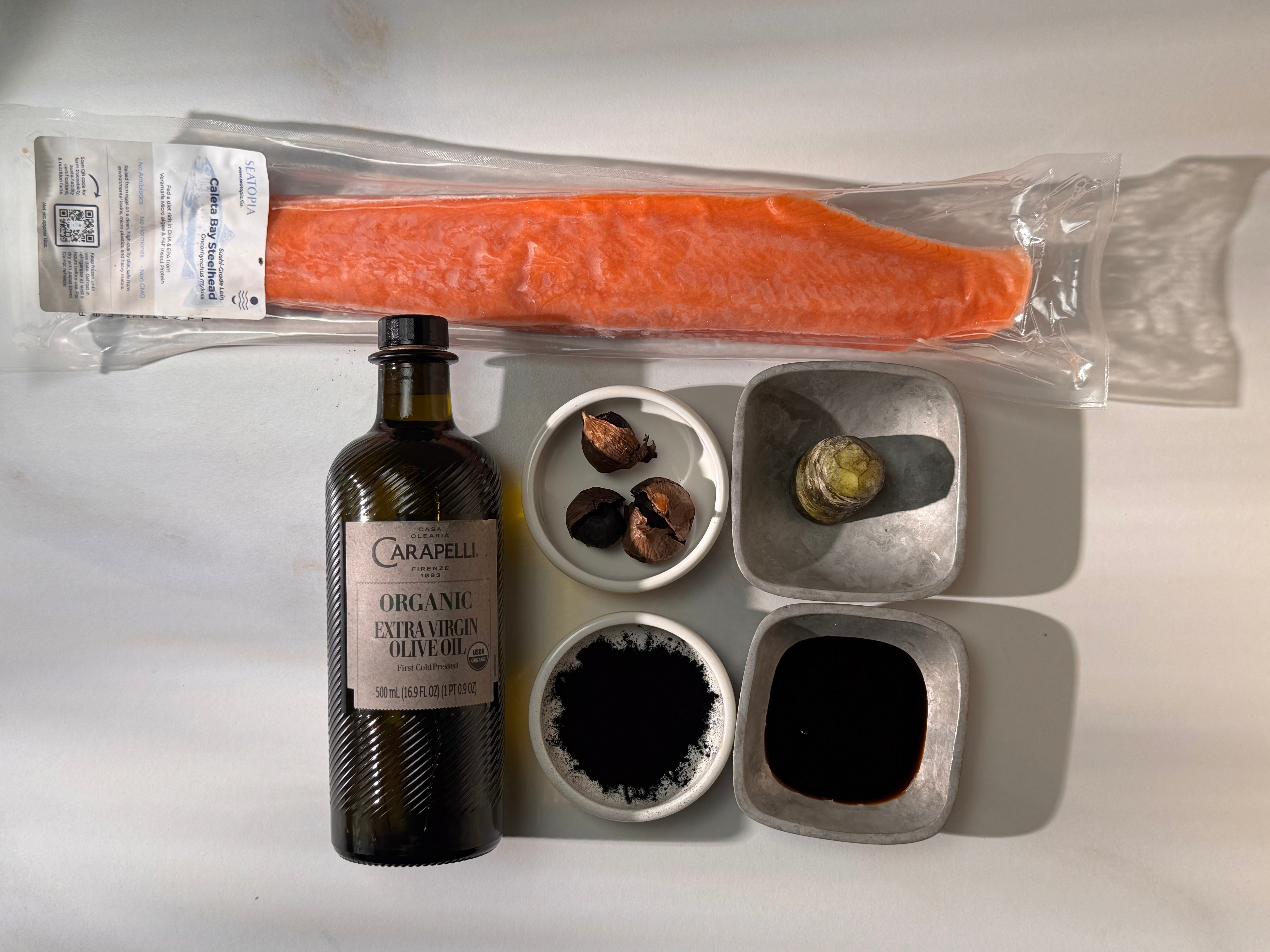 Black Garlic Tamari Steelhead Sashimi with Activated Charcoal + Fresh Wasabi