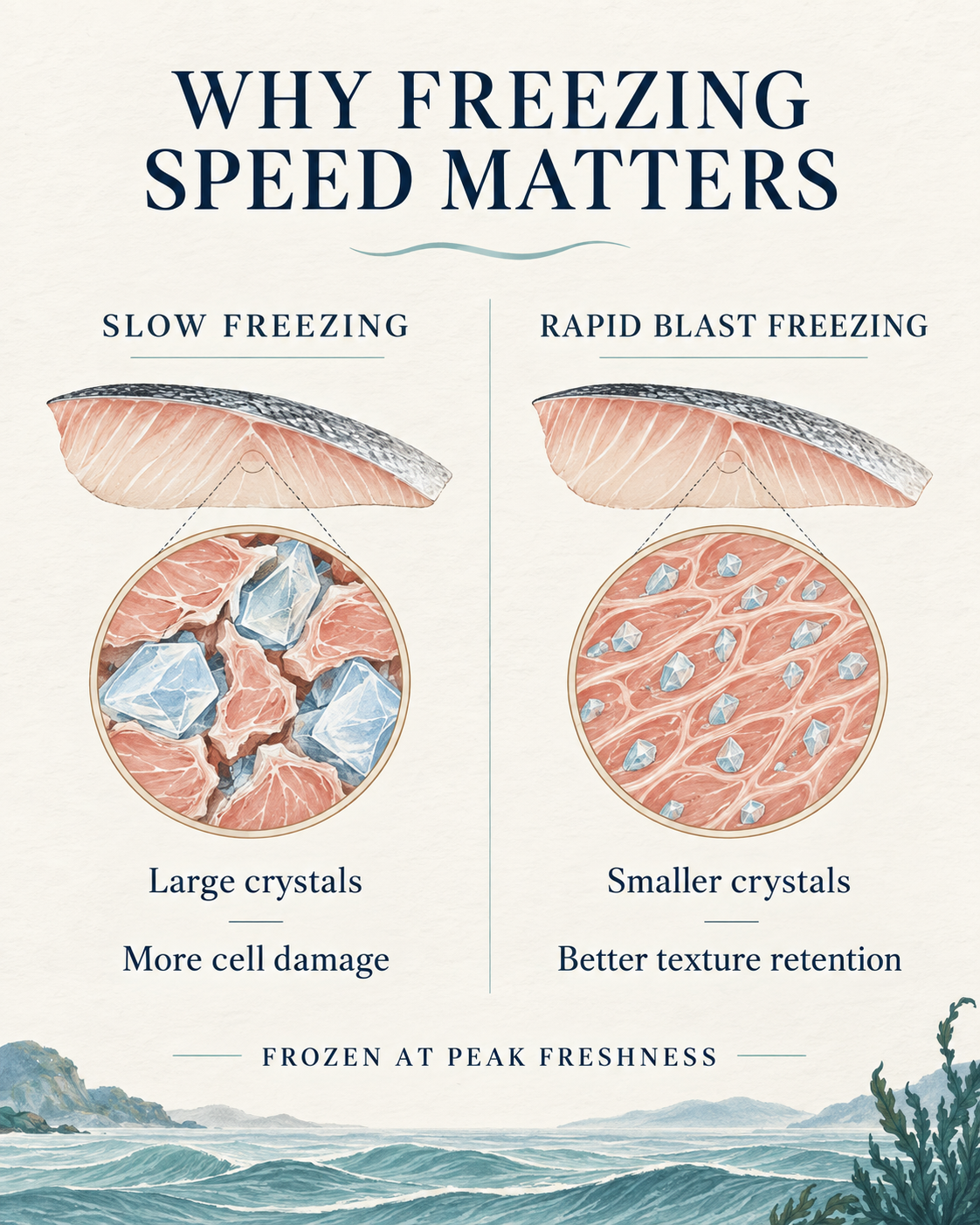 Comparison of slow freezing and rapid blast freezing, showing how smaller ice crystals help protect seafood texture
