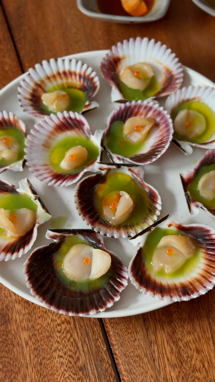 Cured Peruvian Chile Scallop Crudo with Salmon Pearls - SEATOPIA