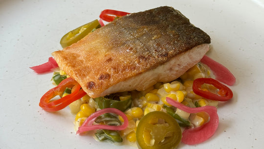 Crispy Skin Arctic Char with Shishito Pepper Creamed Corn & Pickled Chilies