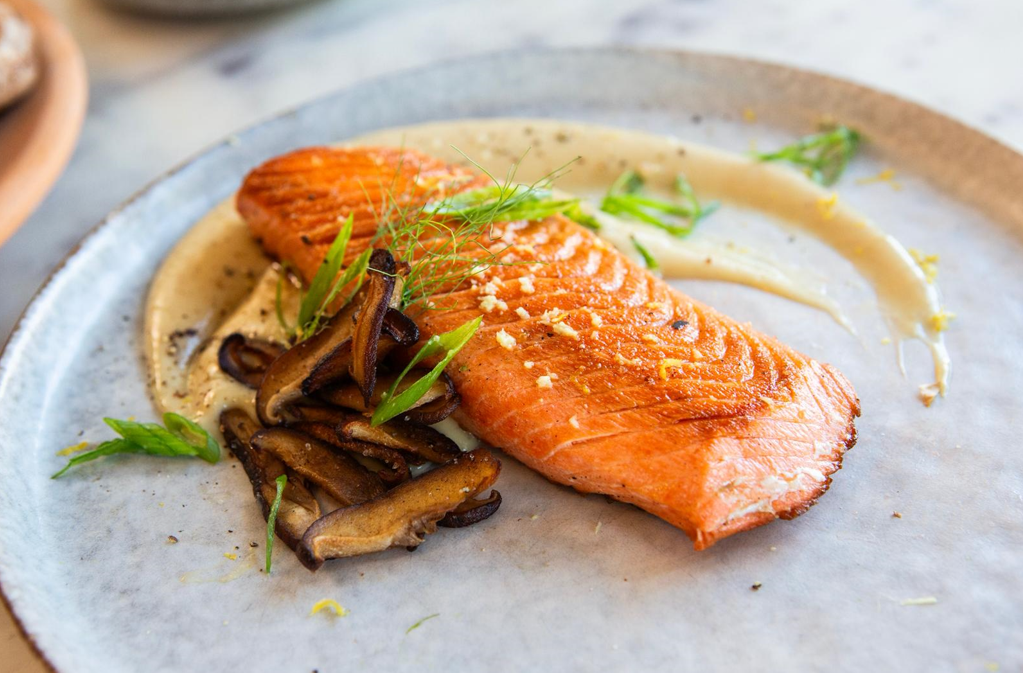 Hearty Seared Steelhead with Yam Purée & Shiitakes