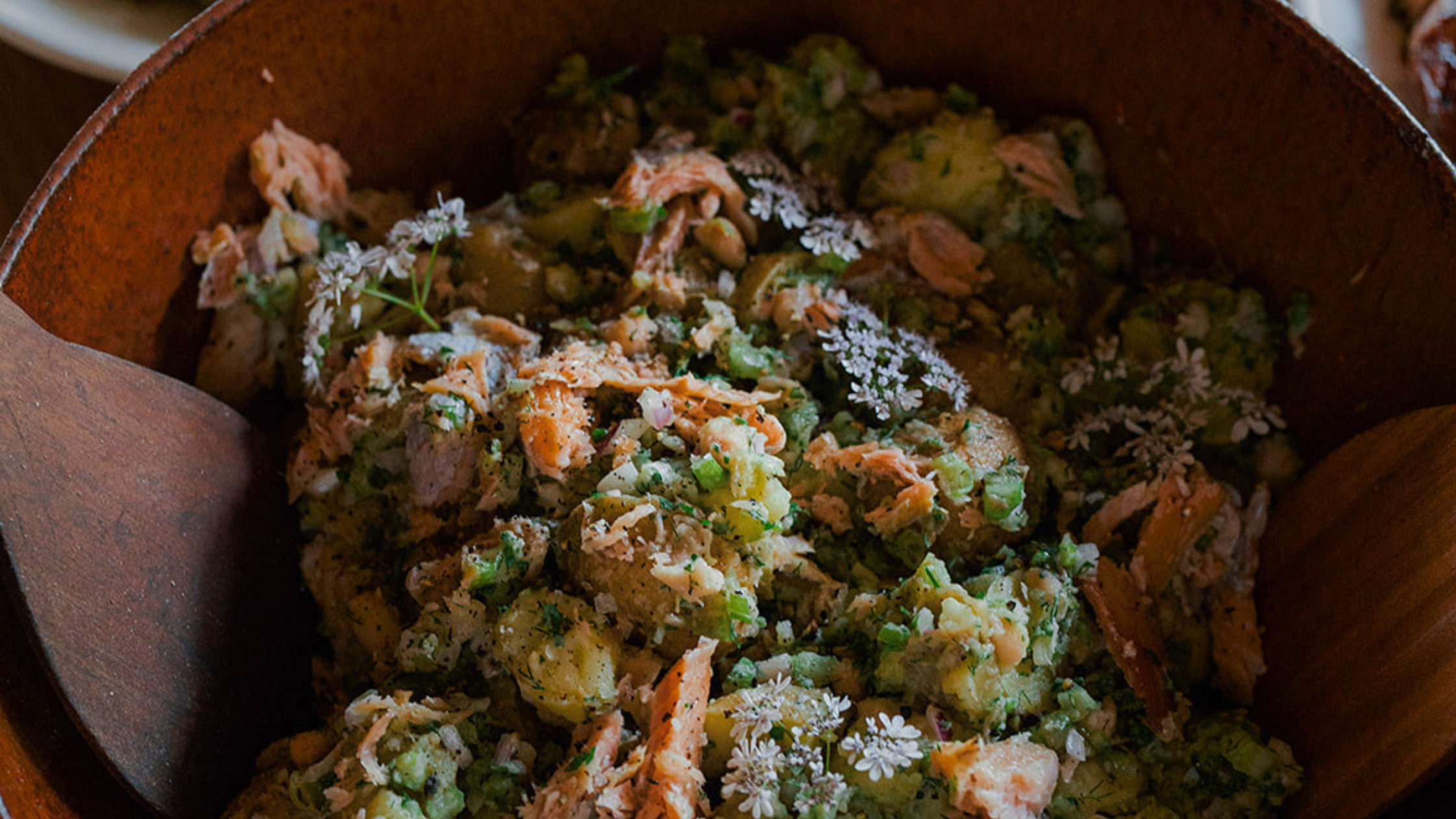 White Bean, Potato Salad with Rainbow Trout and Aromatics