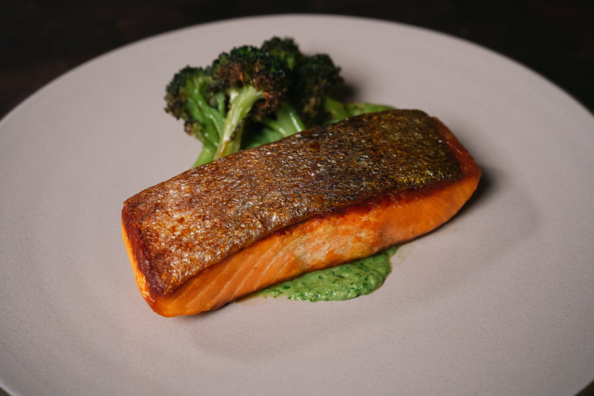 Crispy Skin King Salmon with Snap Pea Pesto and Roasted Broccoli