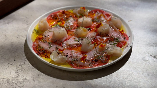 Turbot Crudo recipe w/ Heirloom Tomatoes & Pickled Shallots - SEATOPIA