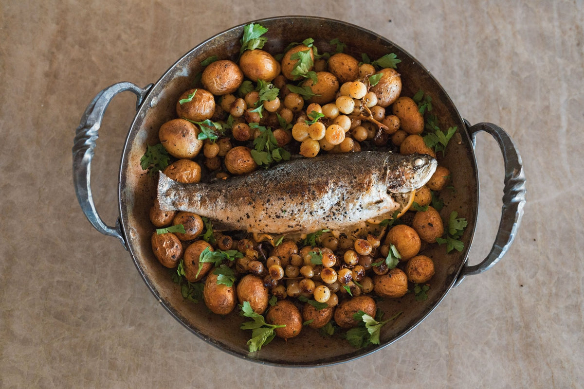 Whole Roasted Trout with Blistered Grapes and Baby Potatoes - SEATOPIA