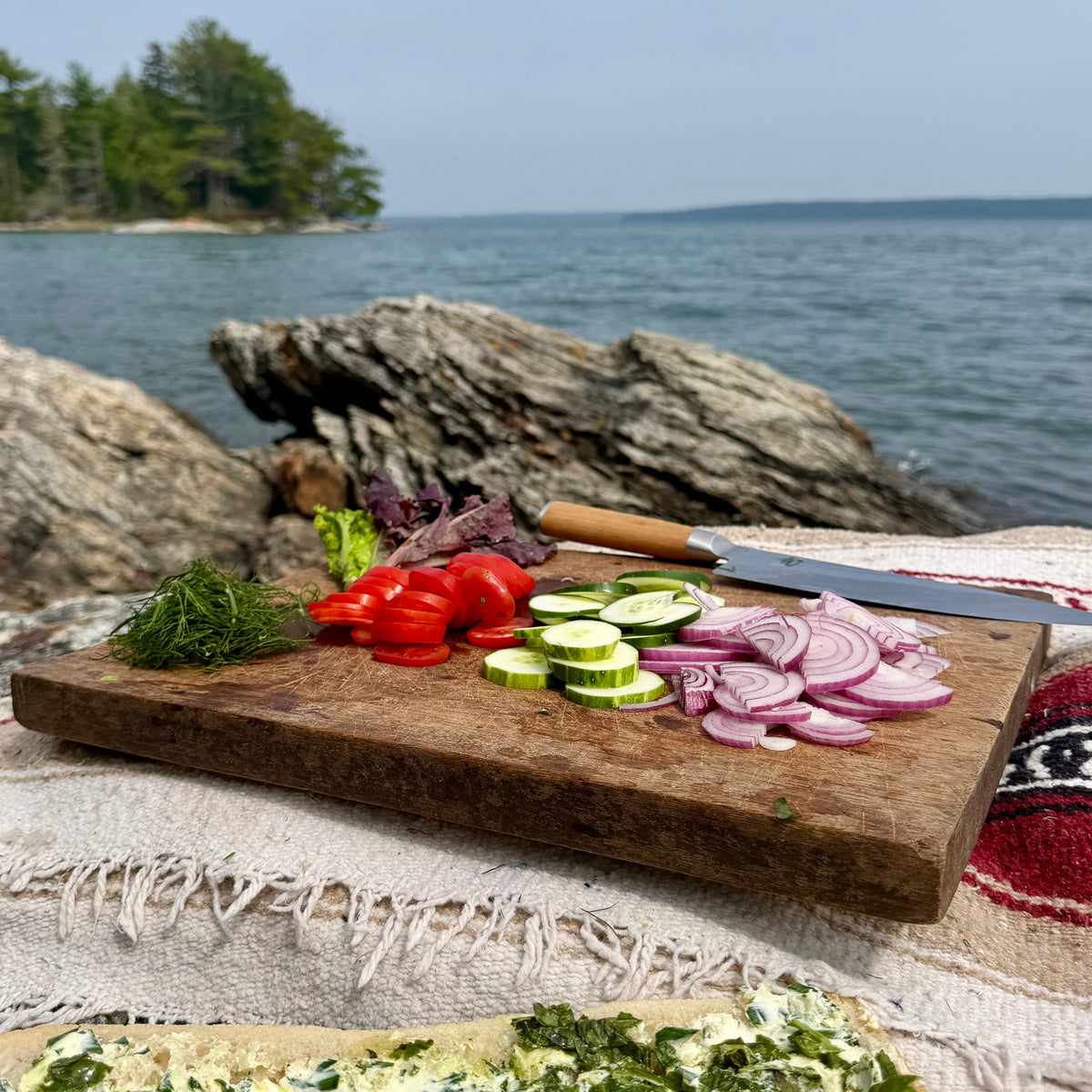 Thinly sliced tomato, cucumber and red onion on a wooden board at the shoreline
